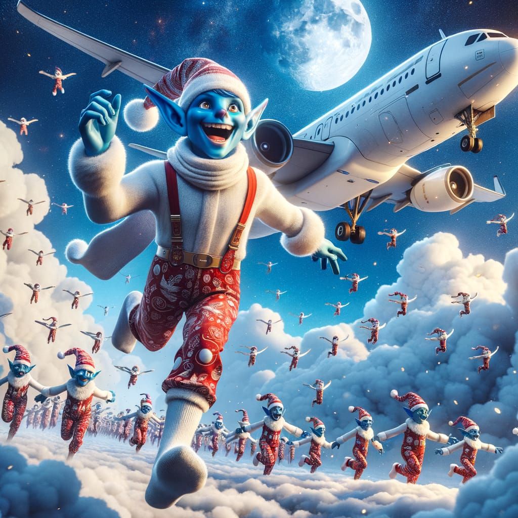 Joyful Blue-Skinned Elf Takes Flight in Enchanted Airliner S...