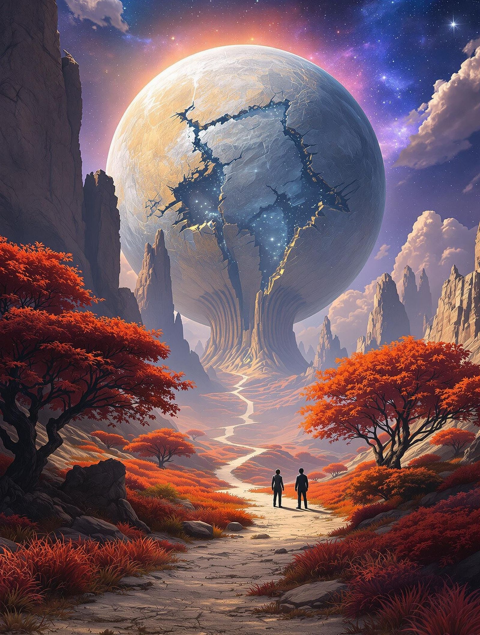 Cosmic Odyssey to a Shattered Moon in a Sci-Fi Landscape