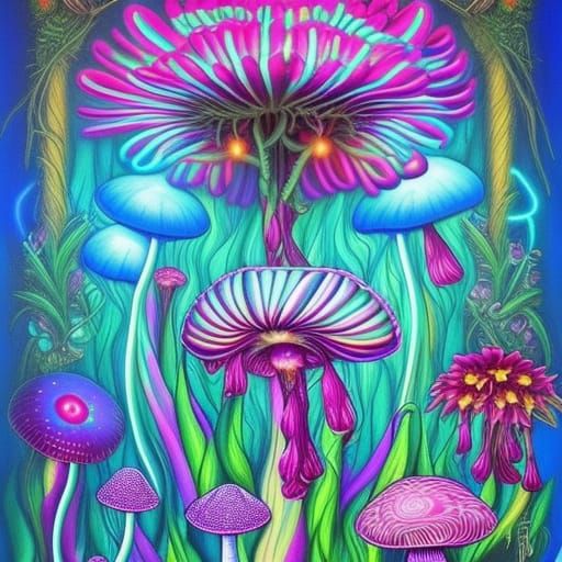 Neon Wonderland with Fluorescent Mushrooms