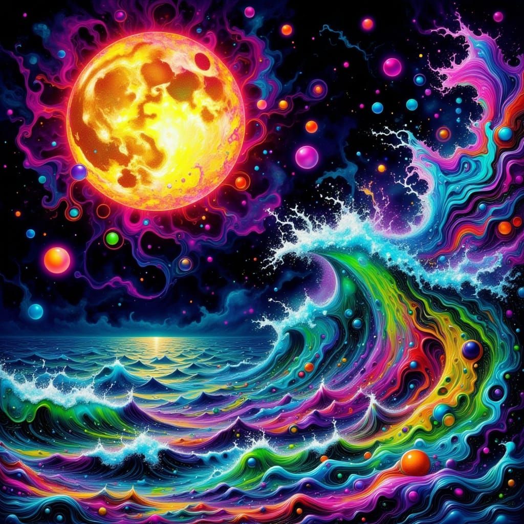 Vibrant Neon Seascape Under Cosmic Moon