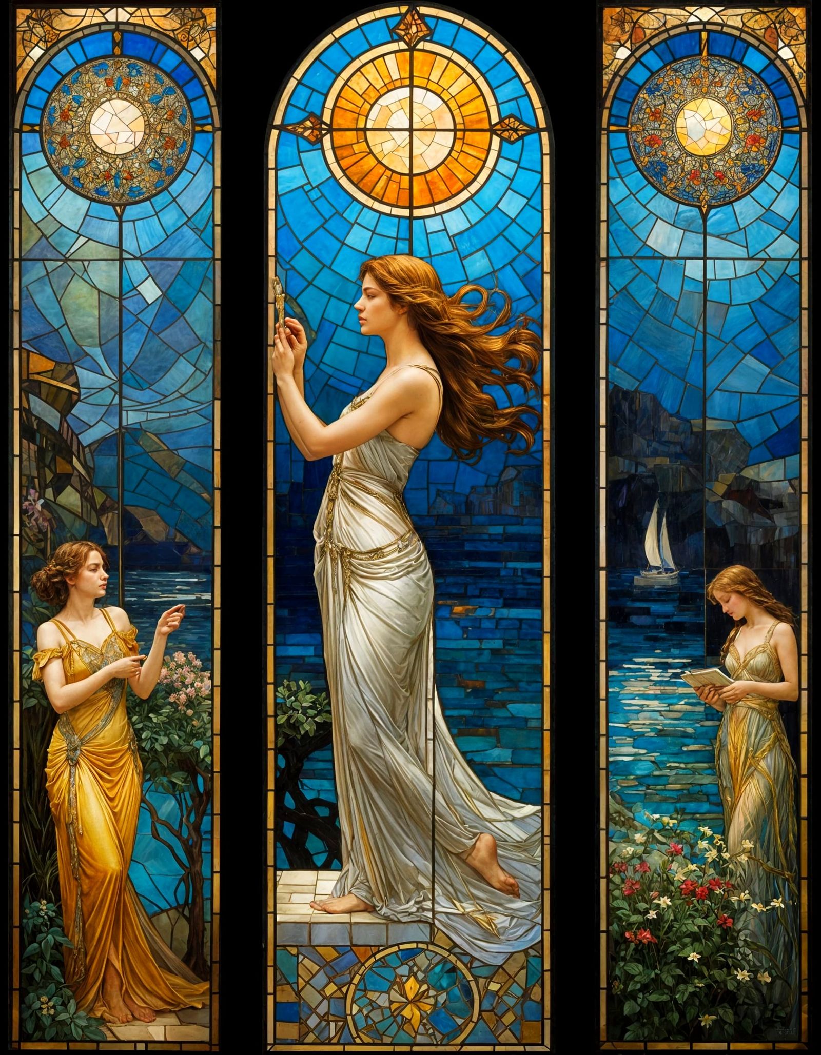 Surreal Art Nouveau Mosaic Triptych with Chiaroscuro Woman