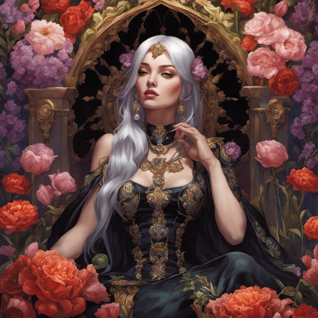 Gothic Anime Woman in Flower Bed