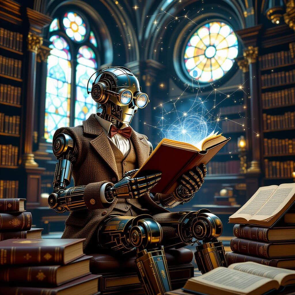 Steampunk Automaton Studies Constellations in Grand Library