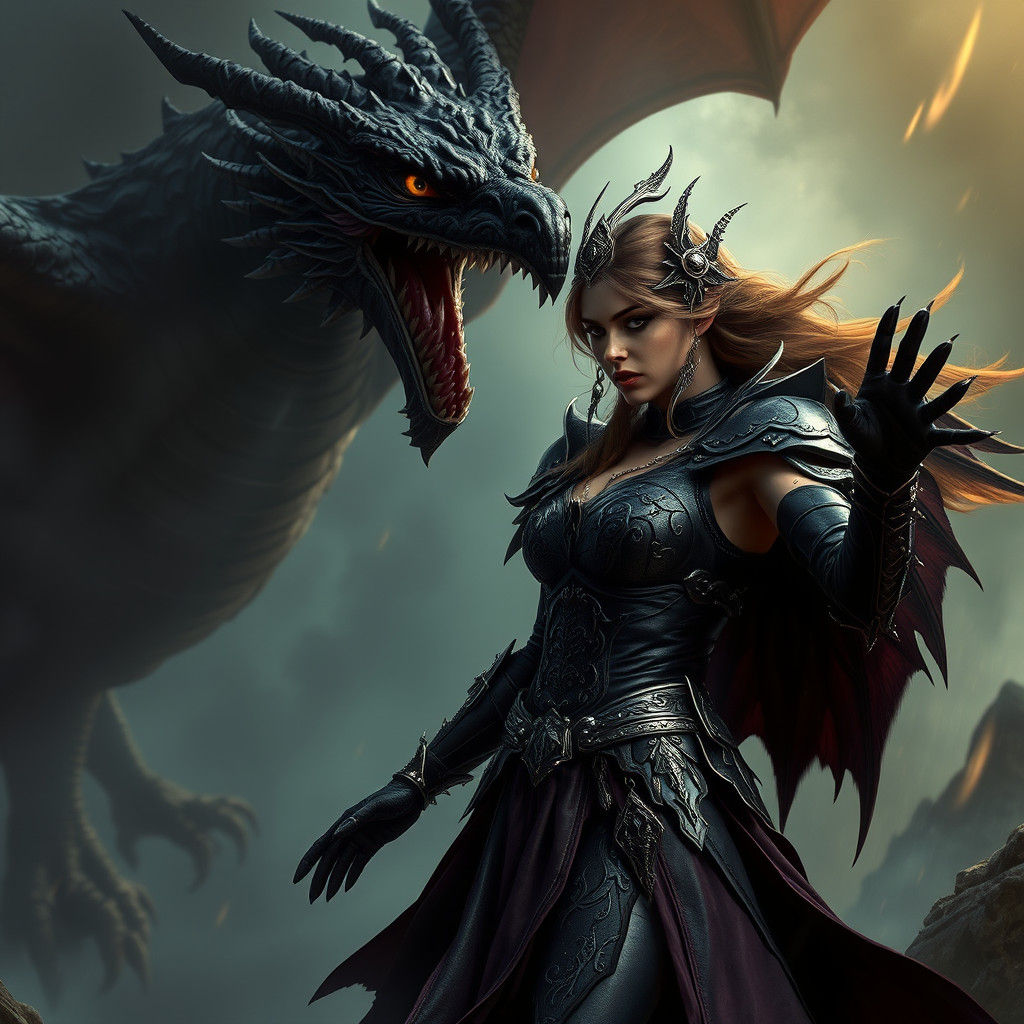 Gothic Woman and Dragon in Dark Fantasy Realm