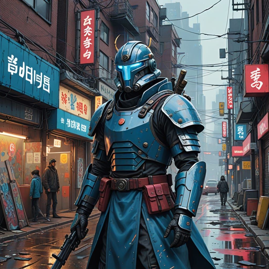 Cyberpunk Warrior in Vibrant Hanbok Armor