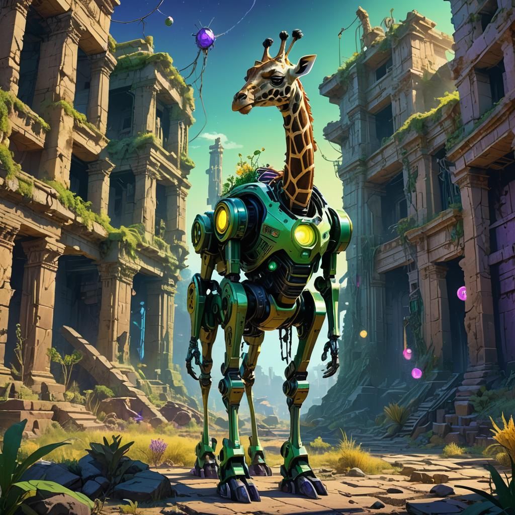 Futuristic Giraffe Robot in Neon Ruins: Concept Art