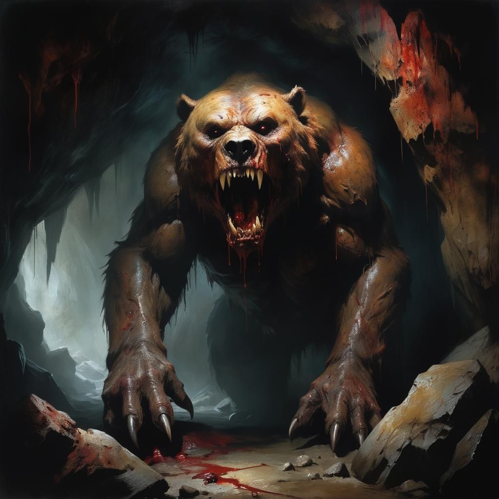 Fierce Cave Bear in Dark Cave, Prehistoric Horror