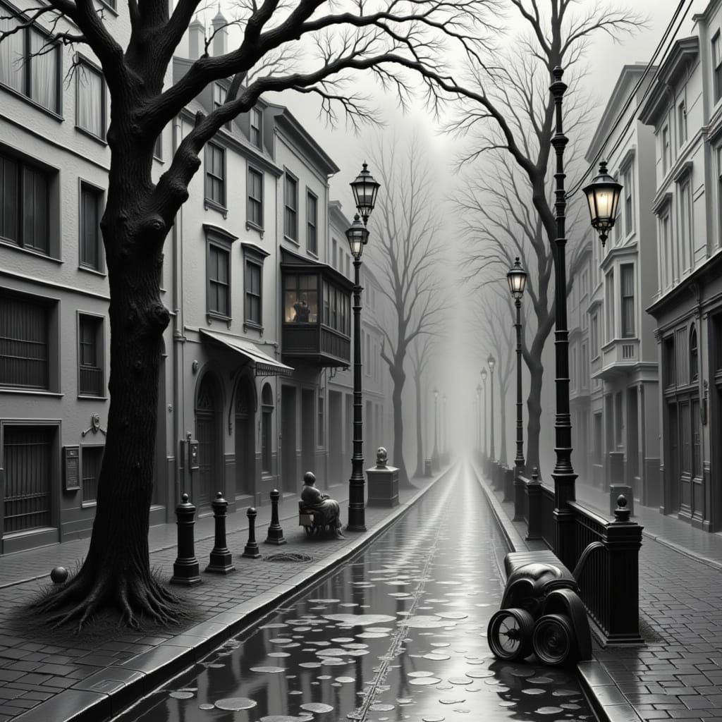 Monochrome Figure Lost in a Rainy Landscape