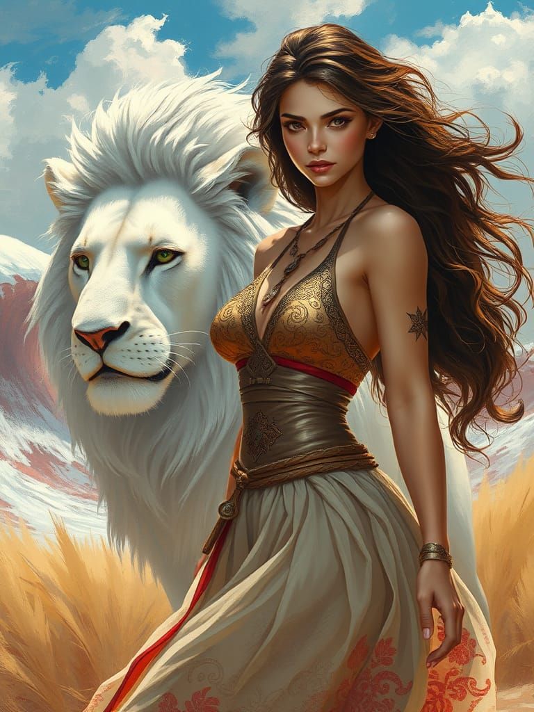 Woman and Lion in Surreal Fantasy Landscape