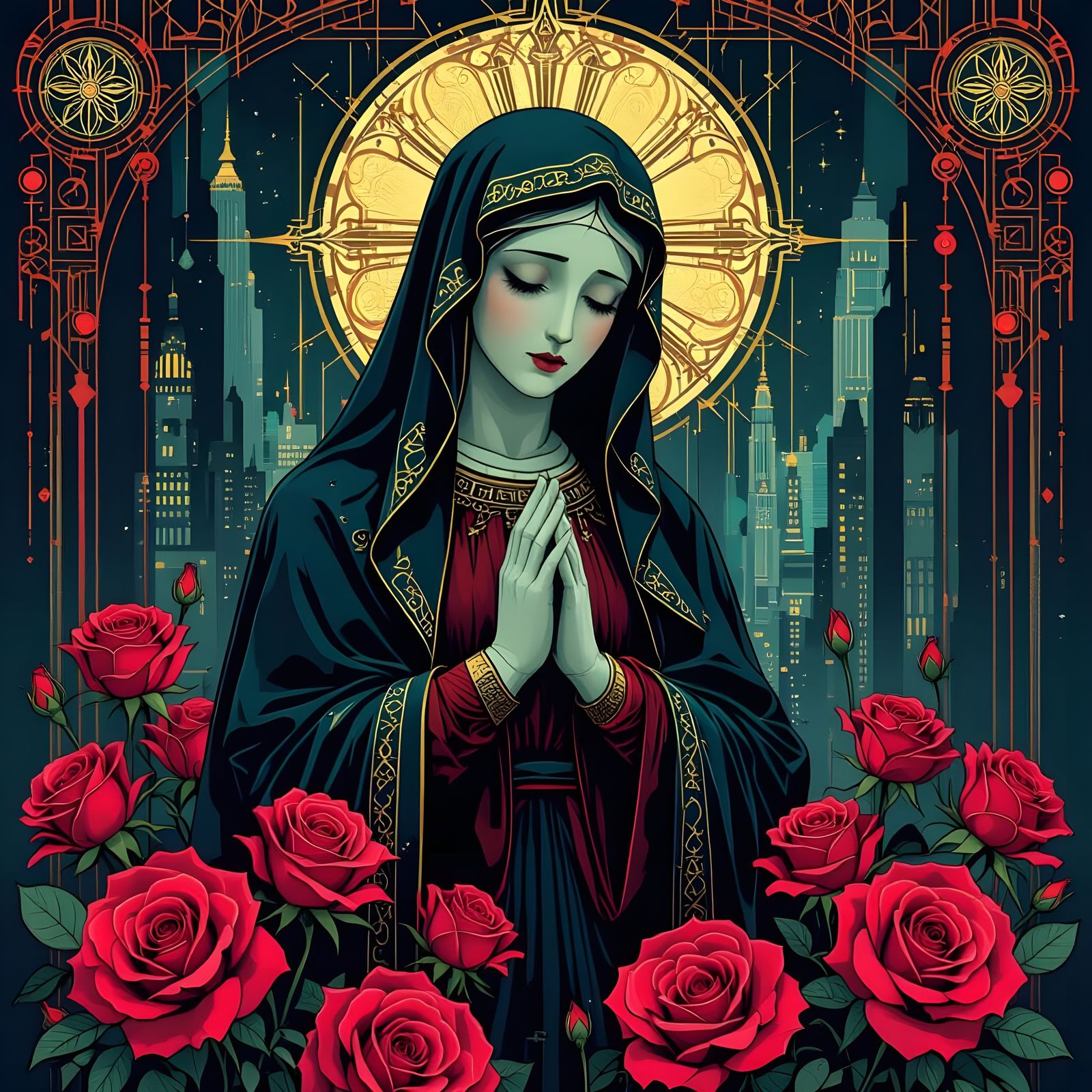 Cyberpunk Our Lady of Sorrows in Neon City