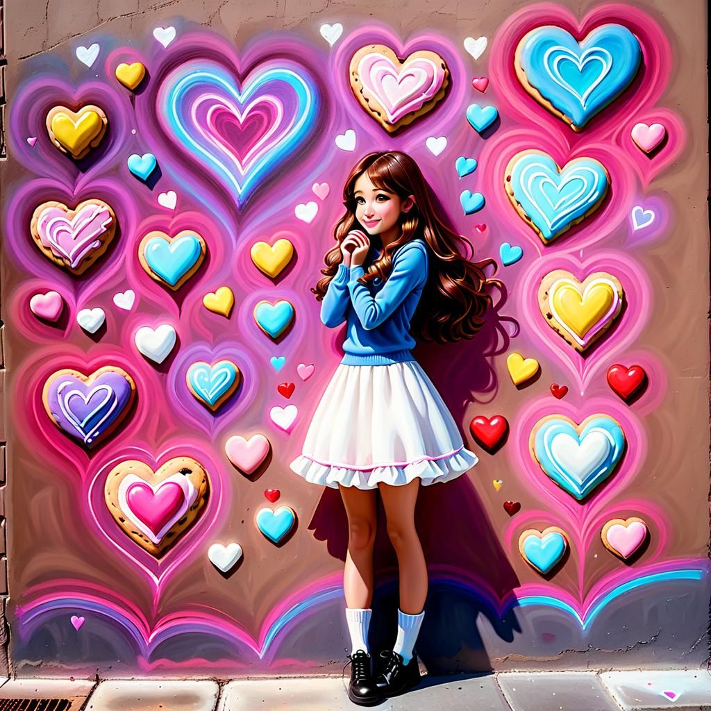 Charming Chalk Art: Korean Girl with Cookie Hearts