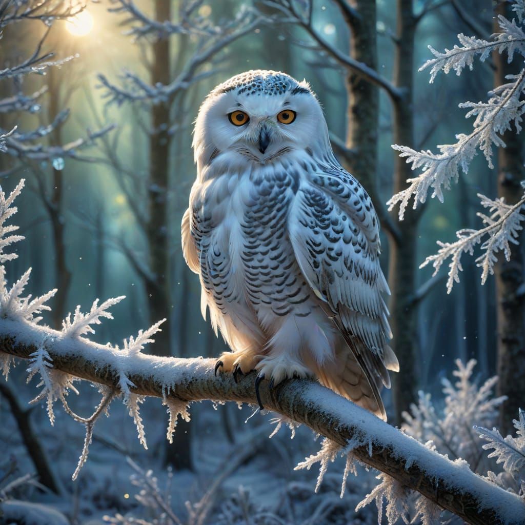 Enchanting Snowy Owl in Moonlit Forest