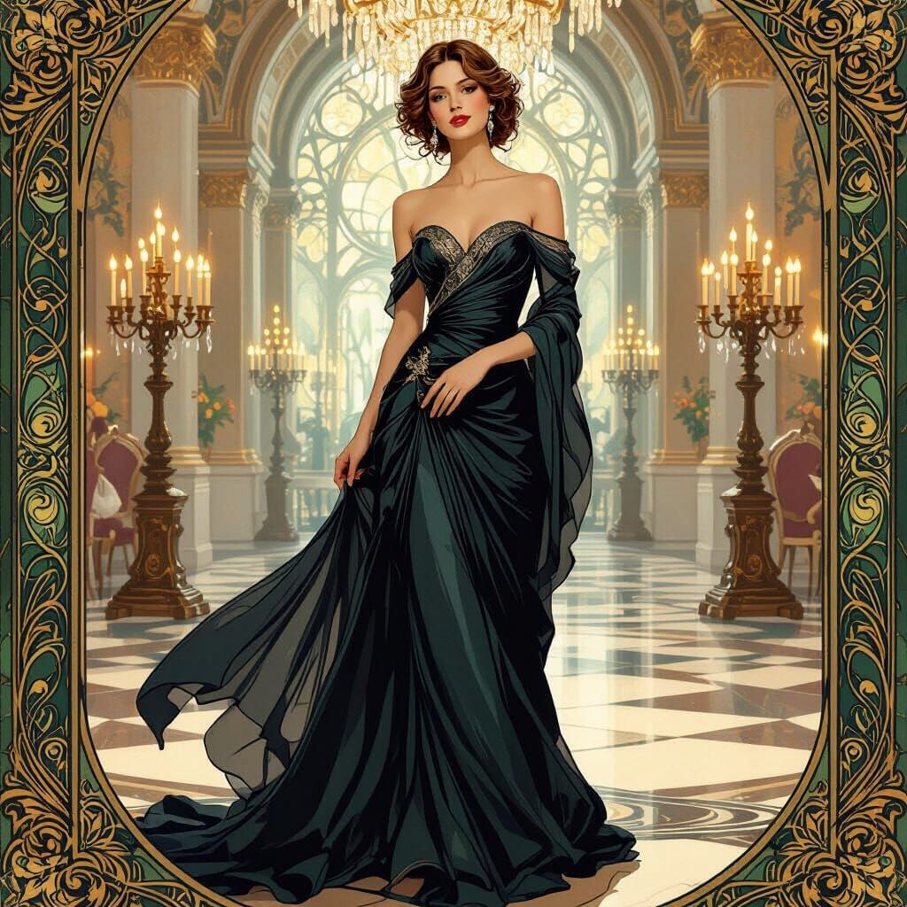 Elegant Woman in Ballroom, Art Nouveau Style