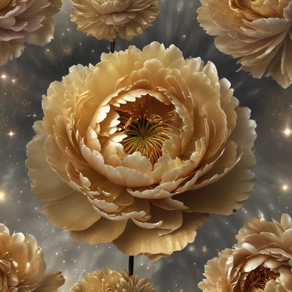 Golden Peony Blooms in Cosmic Dreamscape