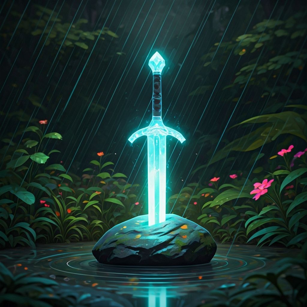 Crystal Sword in Rainy Forest Clearing
