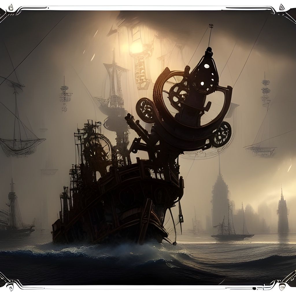 Steampunk Boat in Sea Storm Digital Wallpaper
