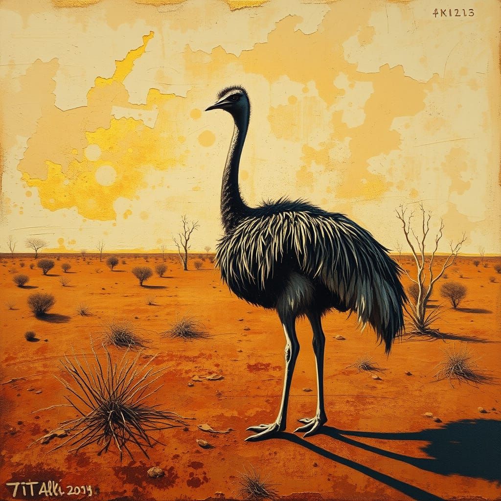 Majestic Emu in Outback Landscape, Encaustic Mixed Media Pai...