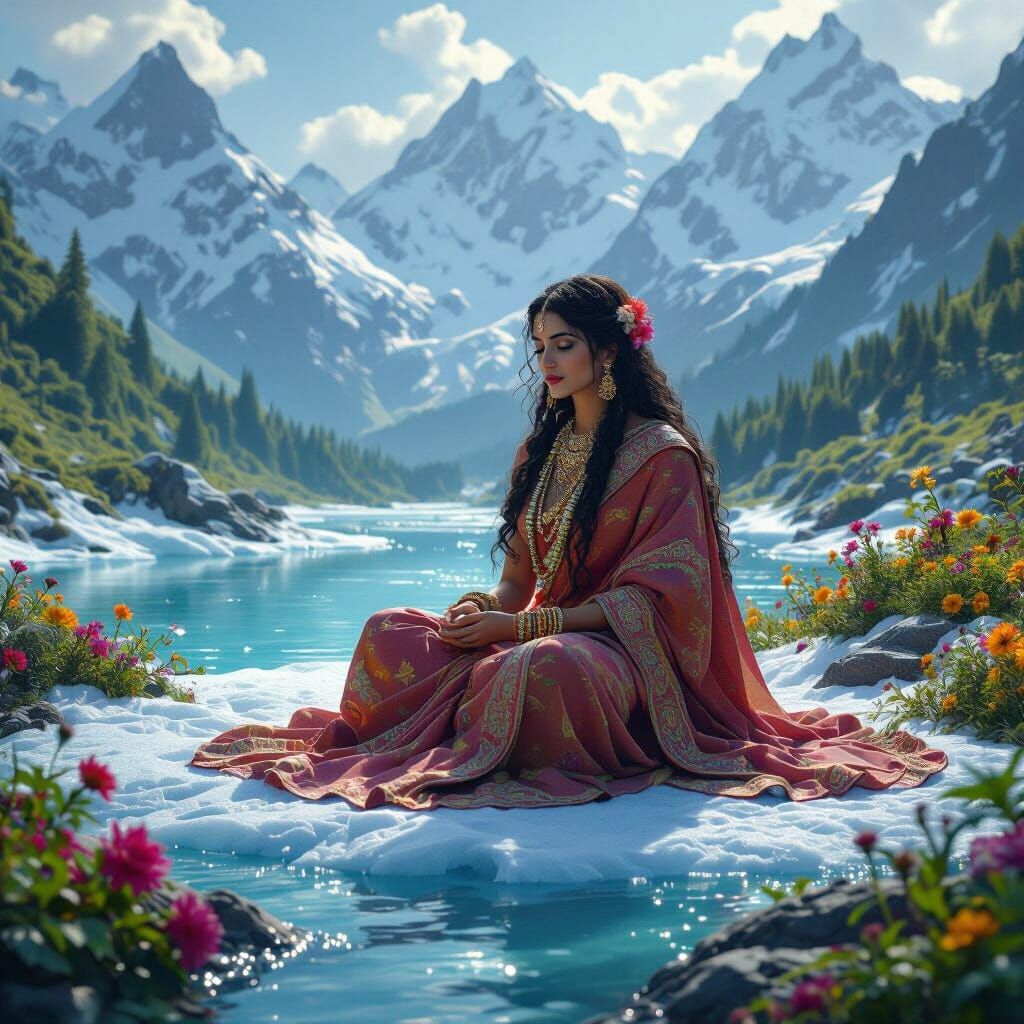 Serene Parvati by Ice River in Matte Painting Style