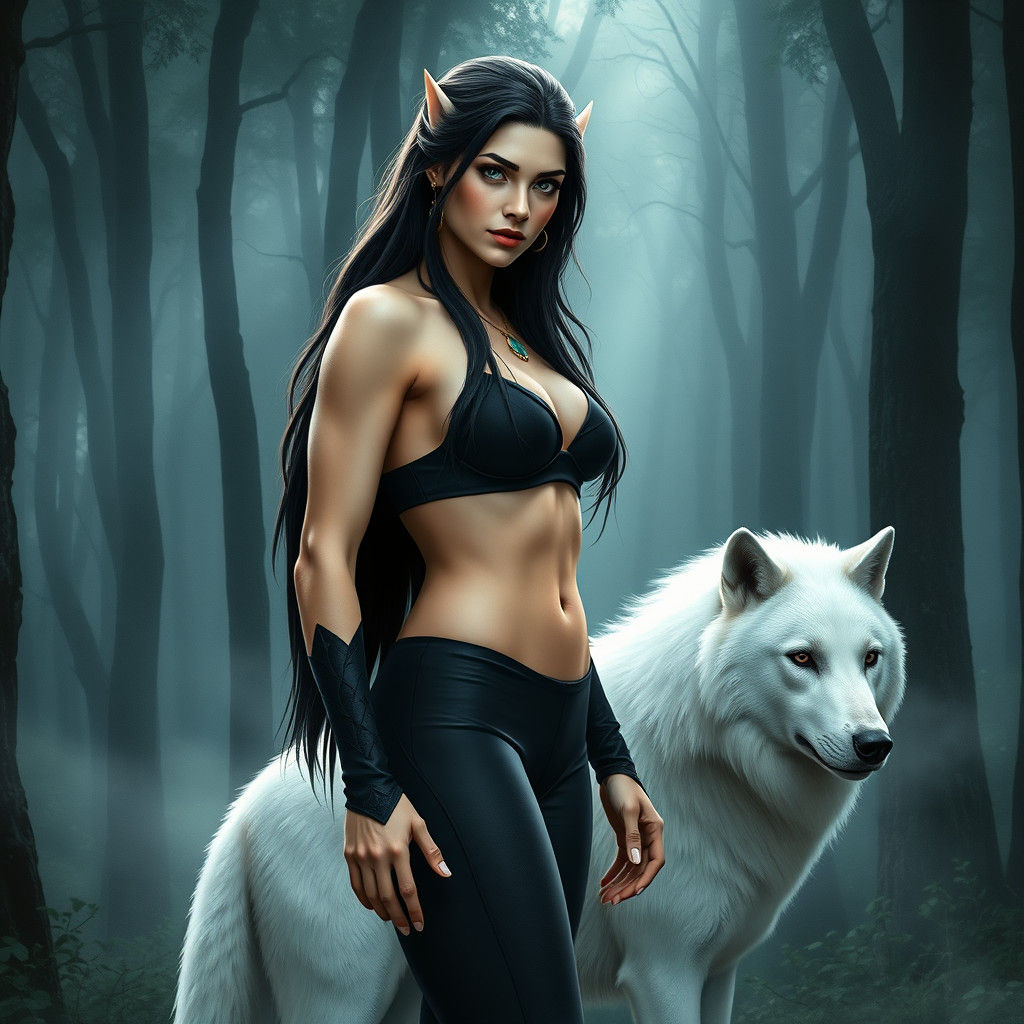 Elven Queen and White Wolf in Misty Forest