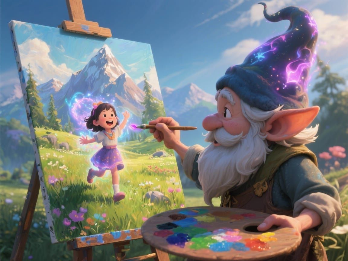 Gnome Artist Paints Magical Scene with Granddaughter Emergin...