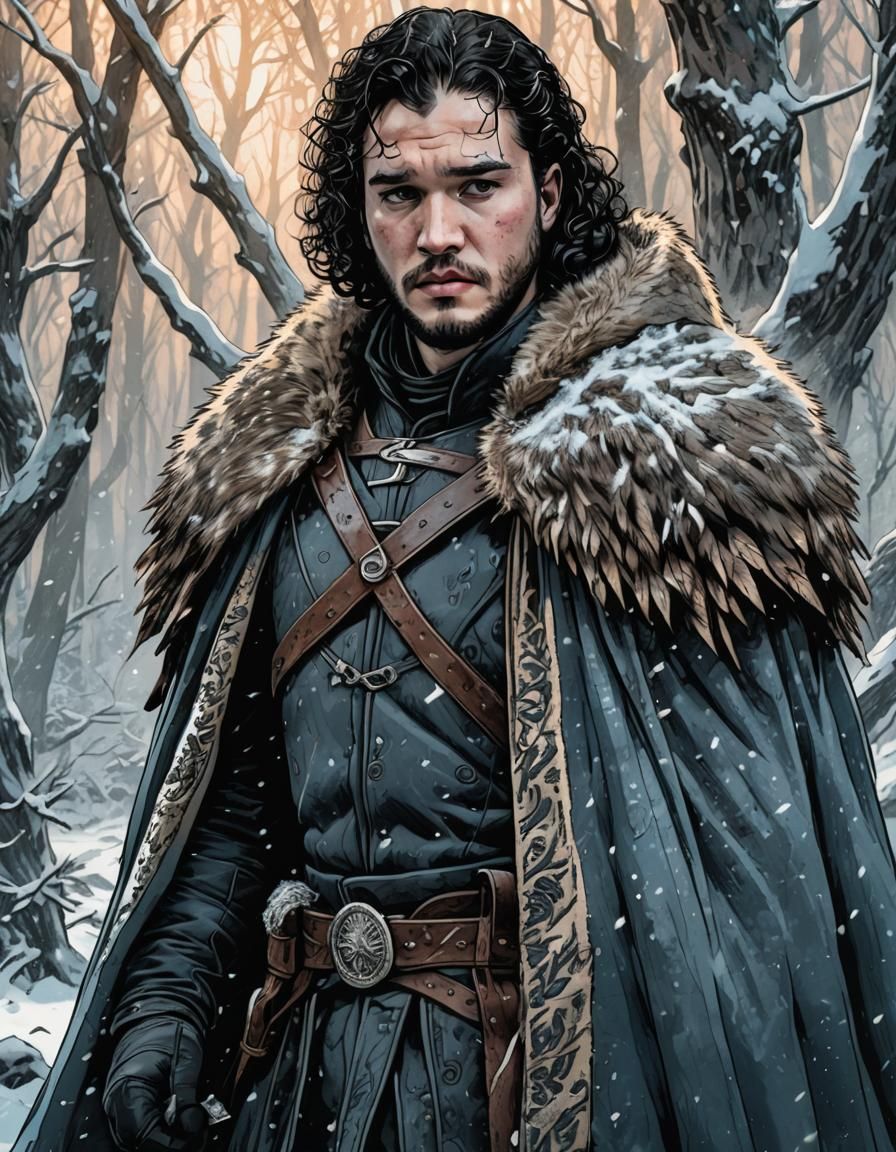 Jon Snow in Snowy Forest, Comic Book Style