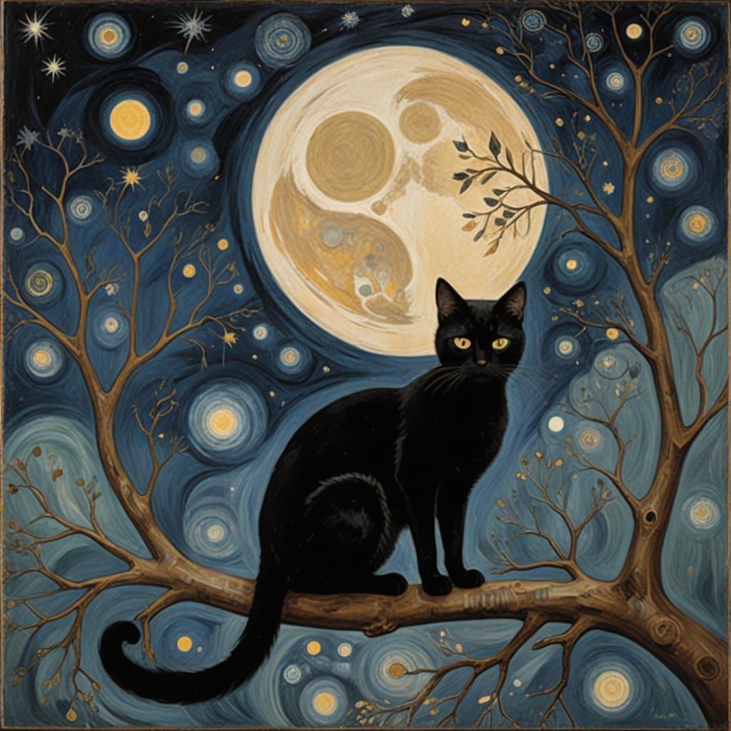 Black Cat Reaches for Moon in Abstract Painting