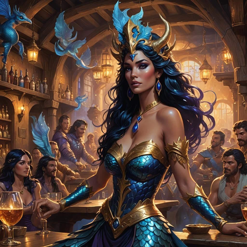 Blue Triton Singer in Fantasy Tavern, Fantasy Art