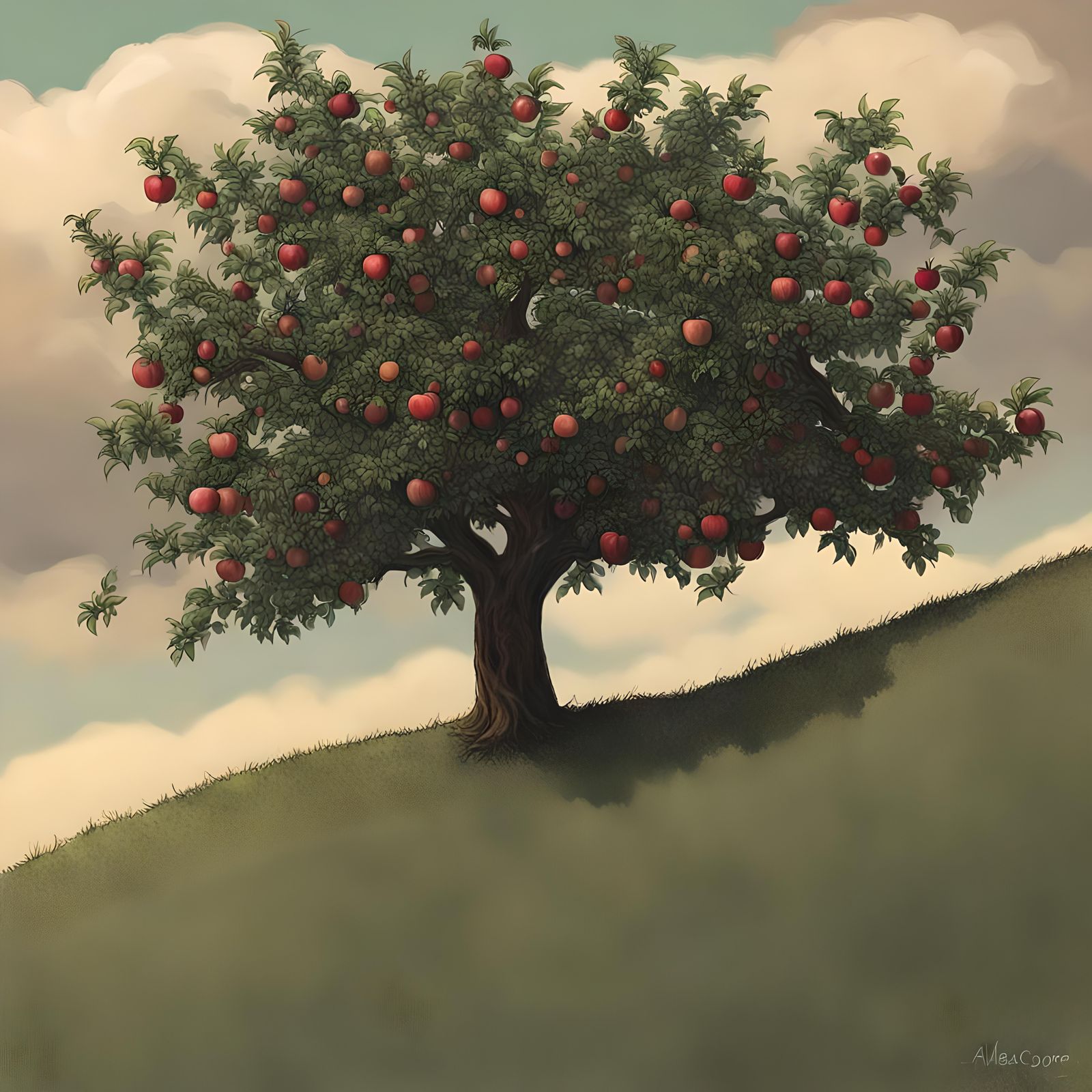 Apple Tree on Hill in Naive Art Style