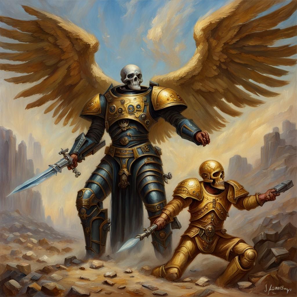 Sci-Fi Soldier vs Fantasy Paladin as Oil Painting