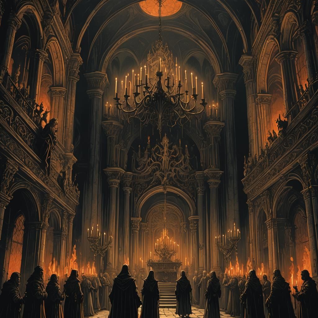 Dark Fantasy Villains in Gothic Chamber Illustration