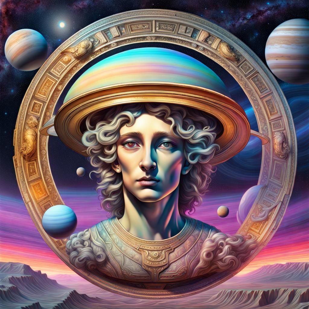Saturn and the God: A Surreal Cosmic Illustration