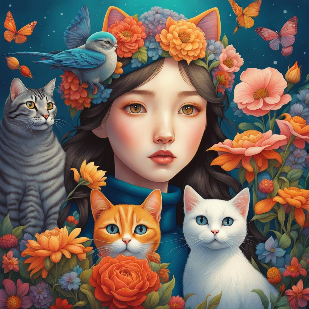 Girl with Animals in a Fairytale Coloring Book Style