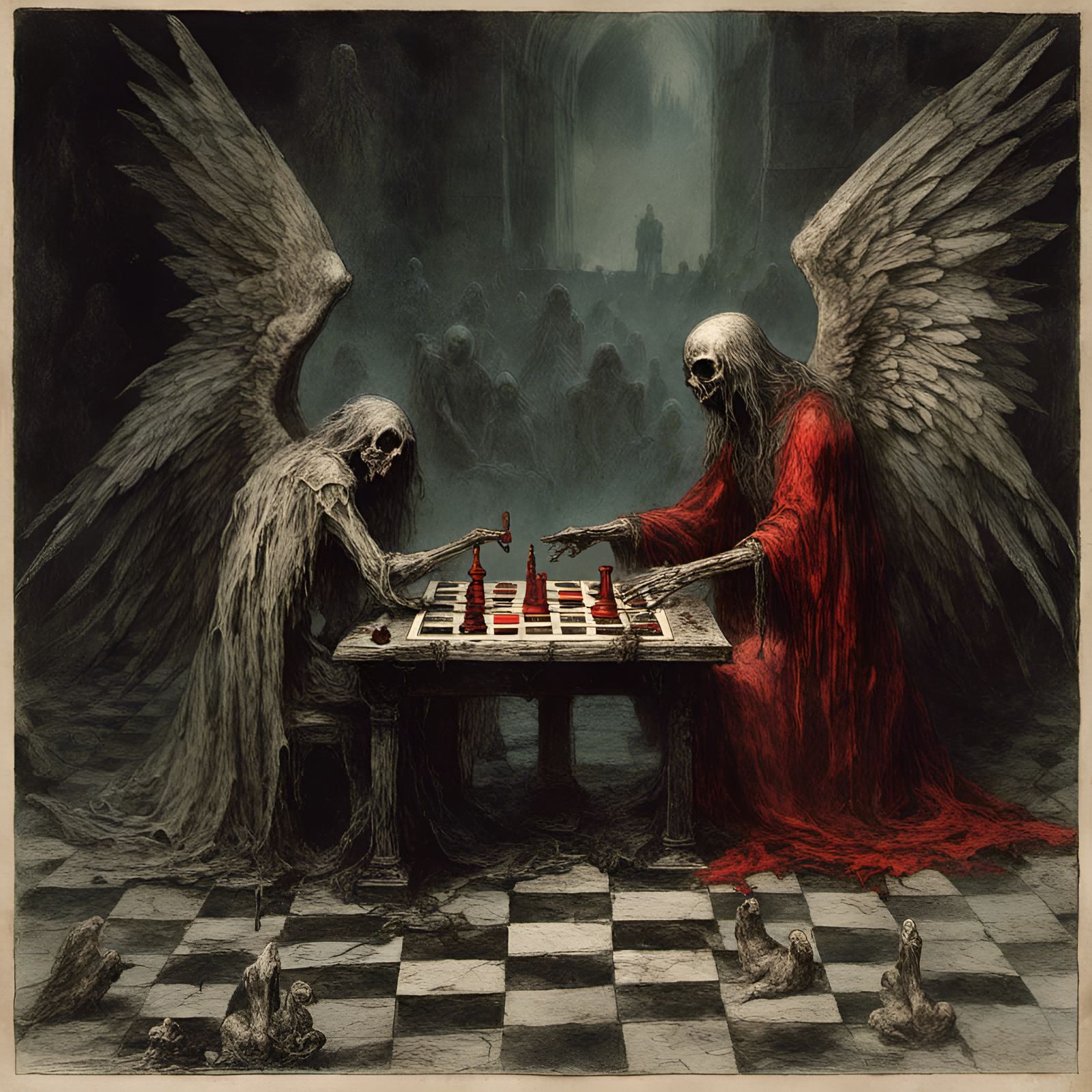 Demon and Angel Play Chess in Macabre Catacombs