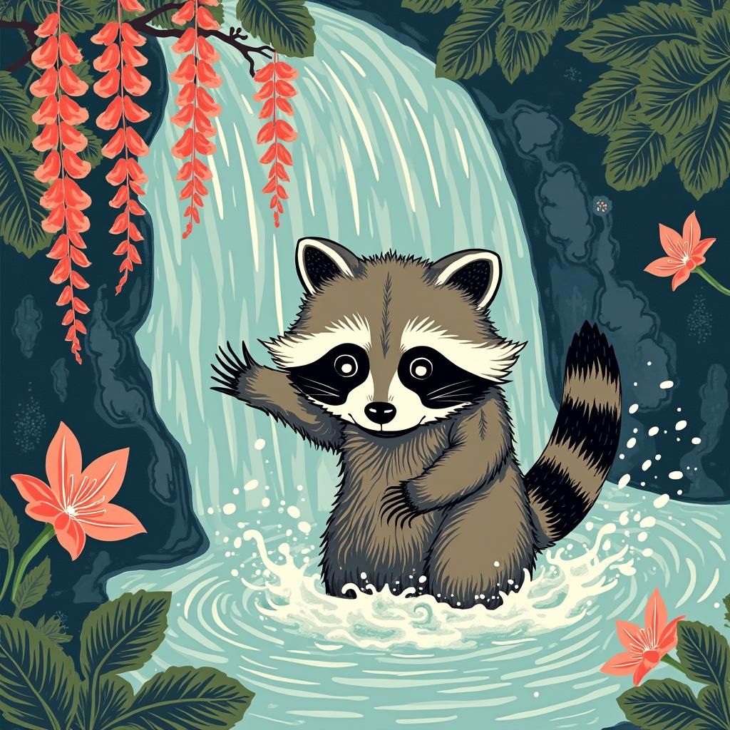 japanese woodcut inspired happy raccoon playing in stylized ...