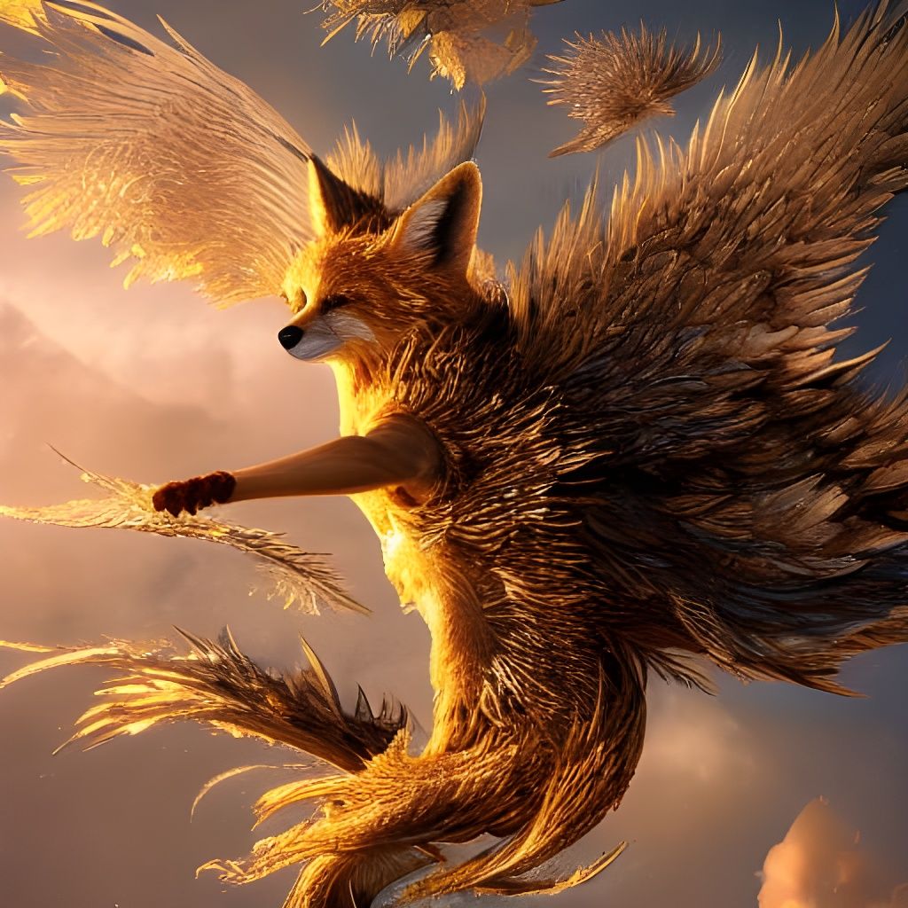 Golden Fox Dissolving Into Feathers at Sunset