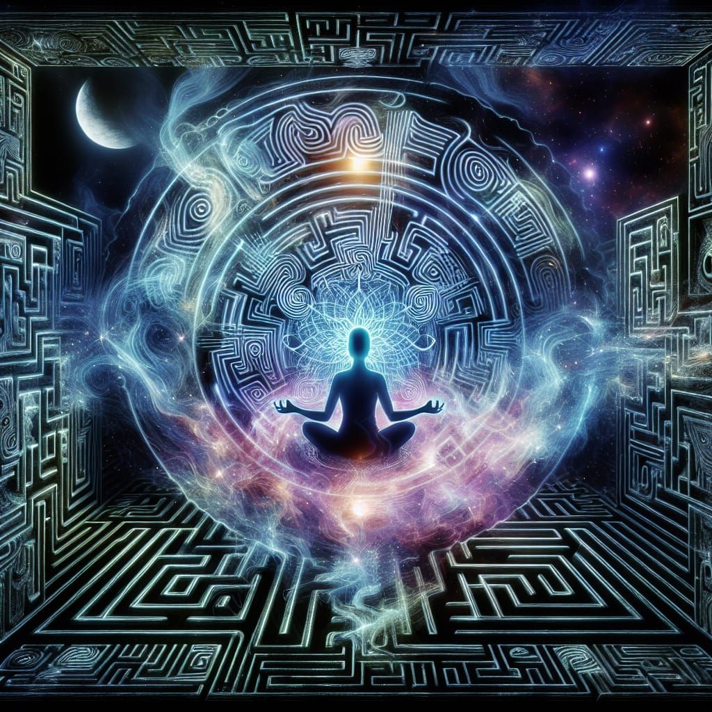 Surreal Floating Labyrinth with Meditating Figure