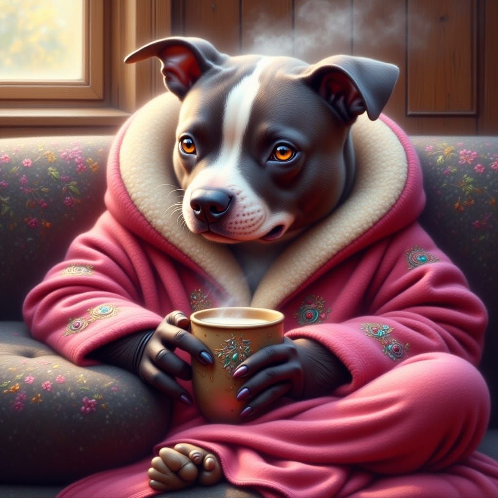 Anthropomorphic Pitbull in Velvet Robe, Cradling a Mug in a ...