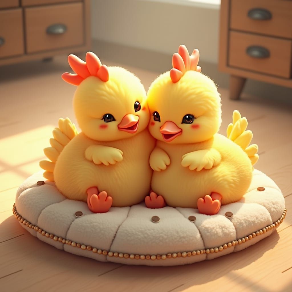 Adorable Ducks and Chickens on Plush Cushion
