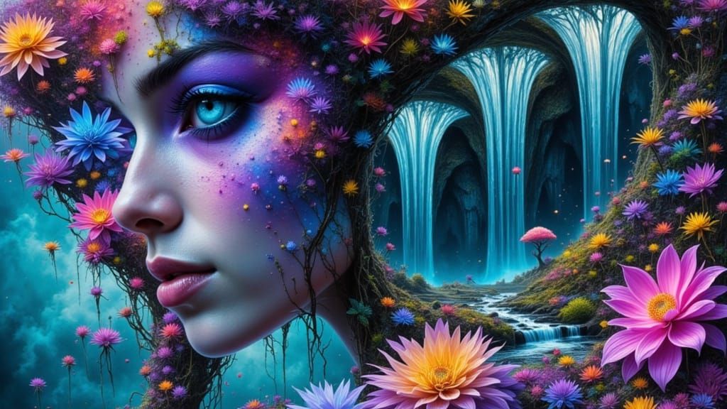 Ethereal Alien Woman in Vibrant Bioluminescent Landscape