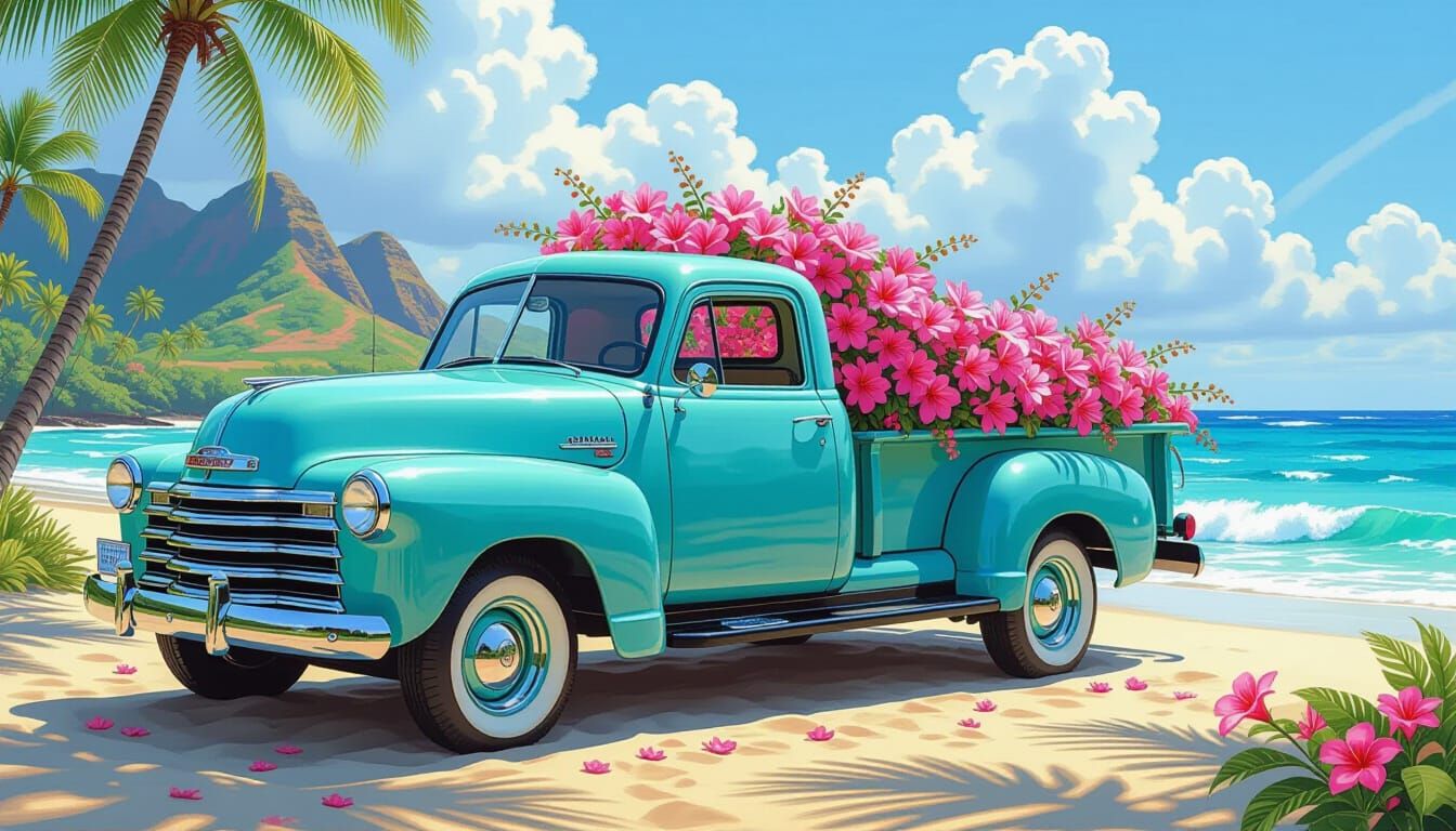 Vintage Truck with Flowers on Hawaiian Beach