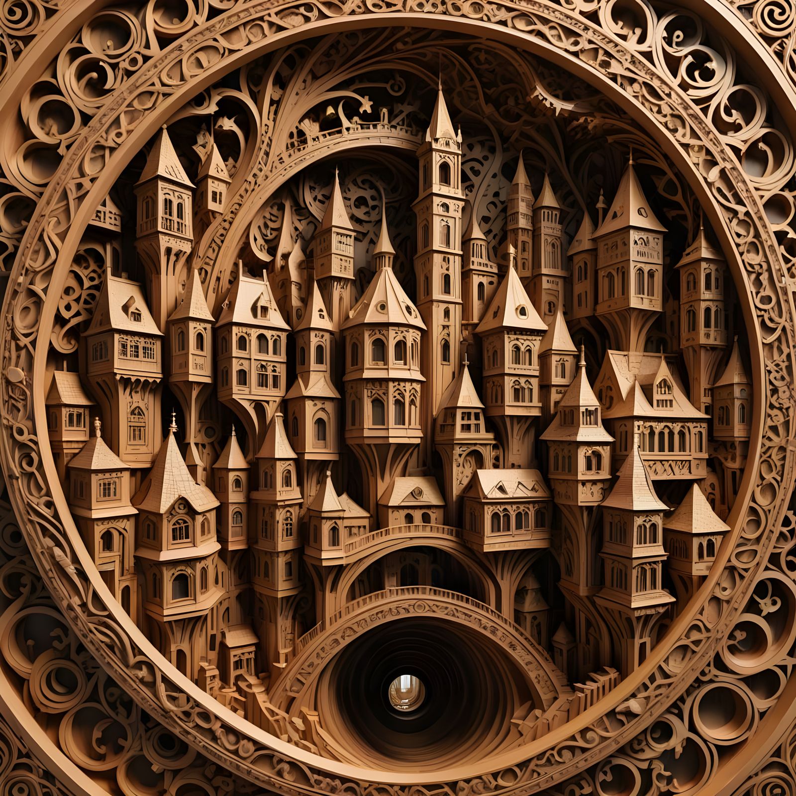 Escher's Whimsical Woodcarving: A Mysterious Cityscape