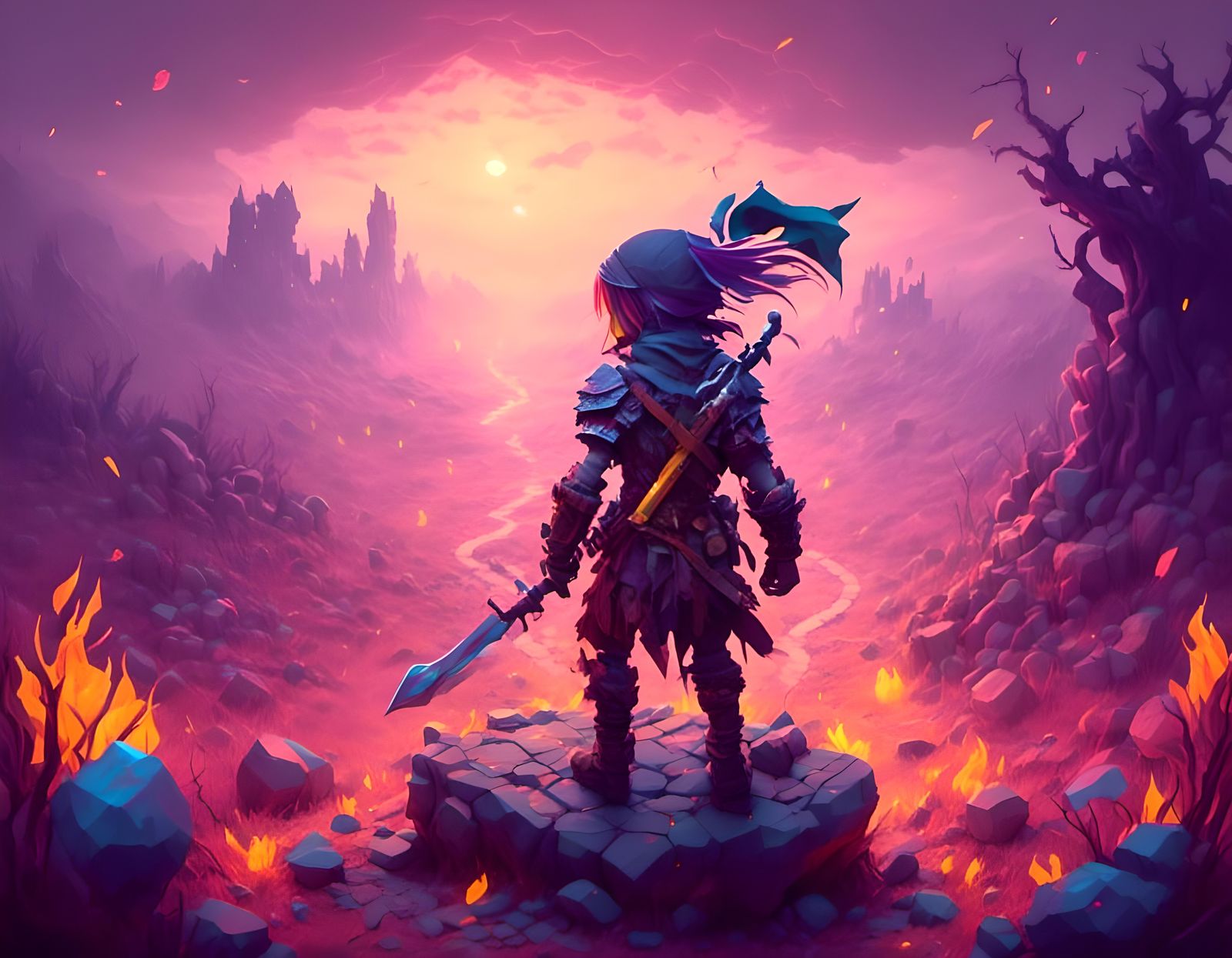 Lonely Warrior Stands on Battlefield