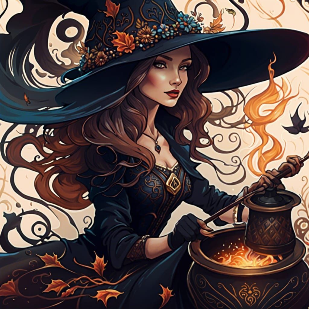 Beautiful Witch with Cauldron in Art Nouveau Style
