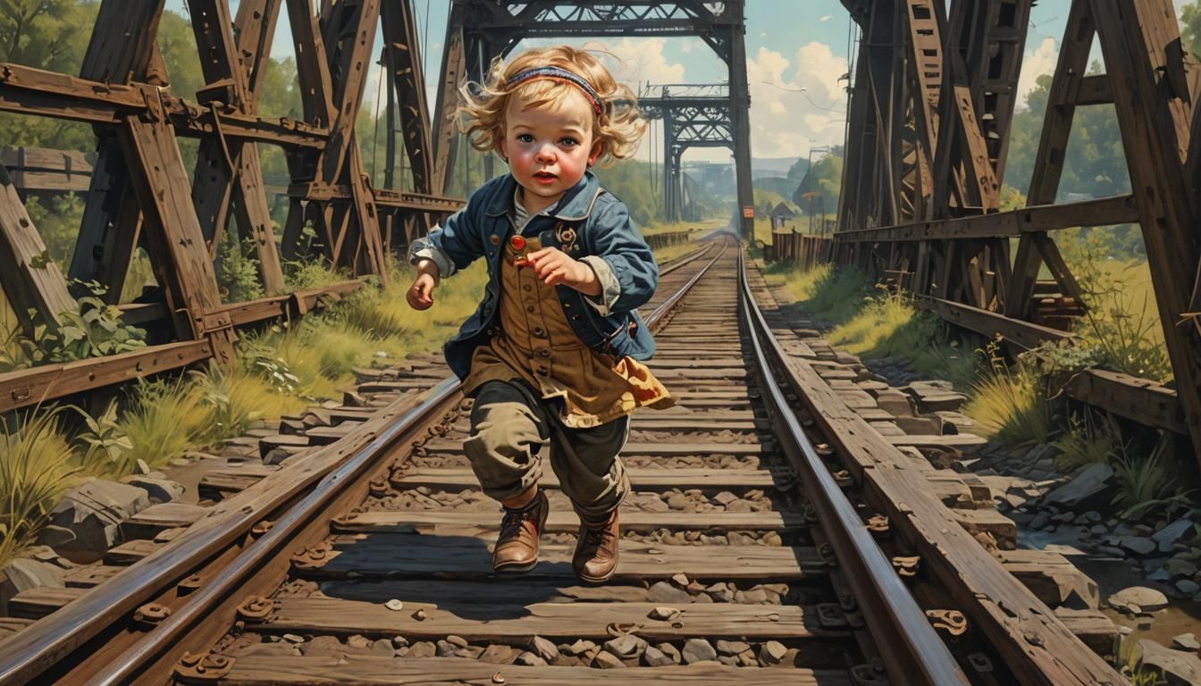 Toddler on Railroad Bridge in Vintage Style