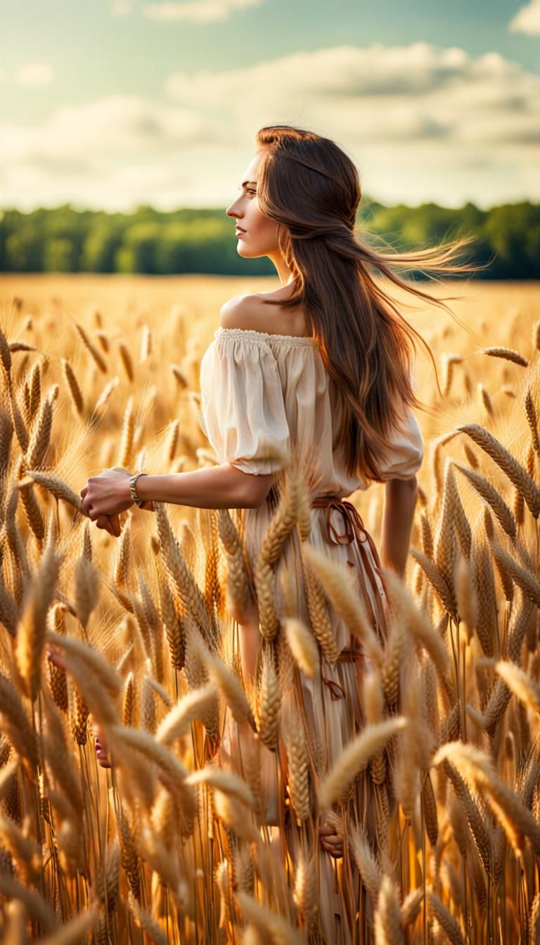 Lady in Golden Wheat Field on Sunny Day