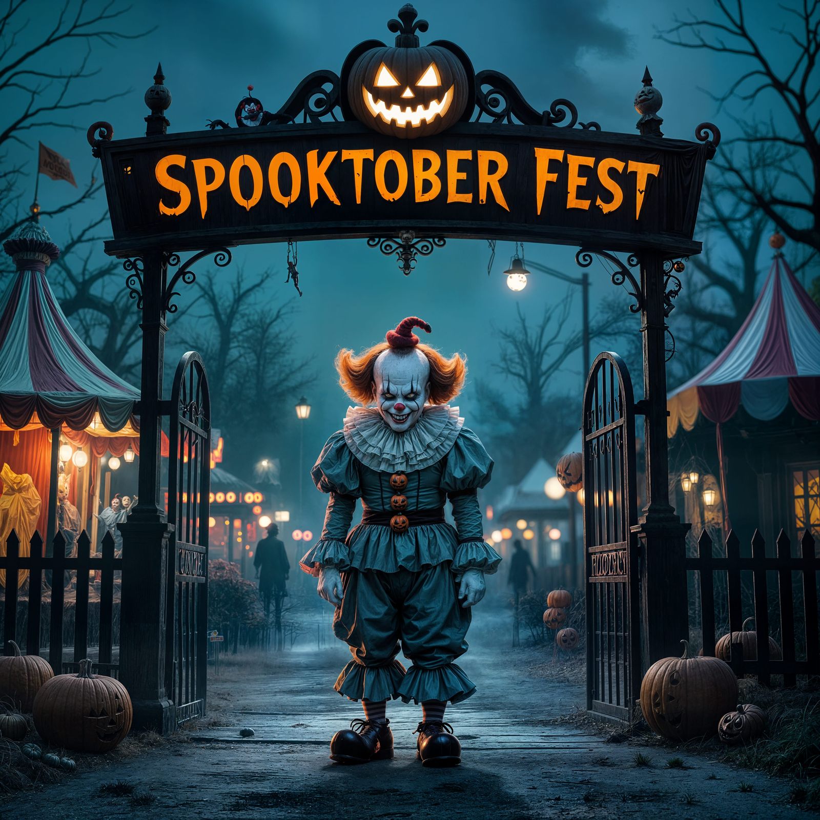 Frightening Clown Greets Visitors at Spooky Halloween Farm