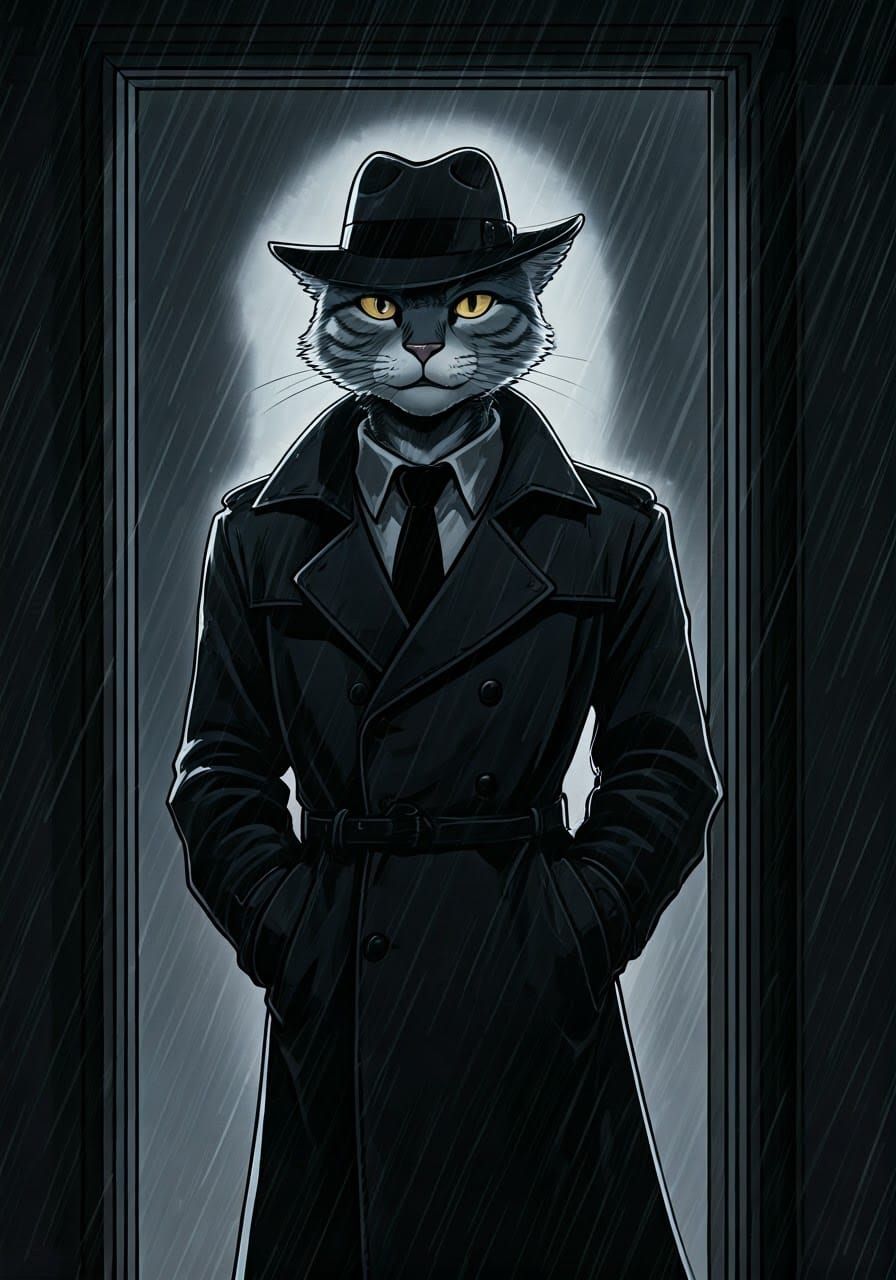 Gritty Feline Detective Surveys a Rainy Night Scene