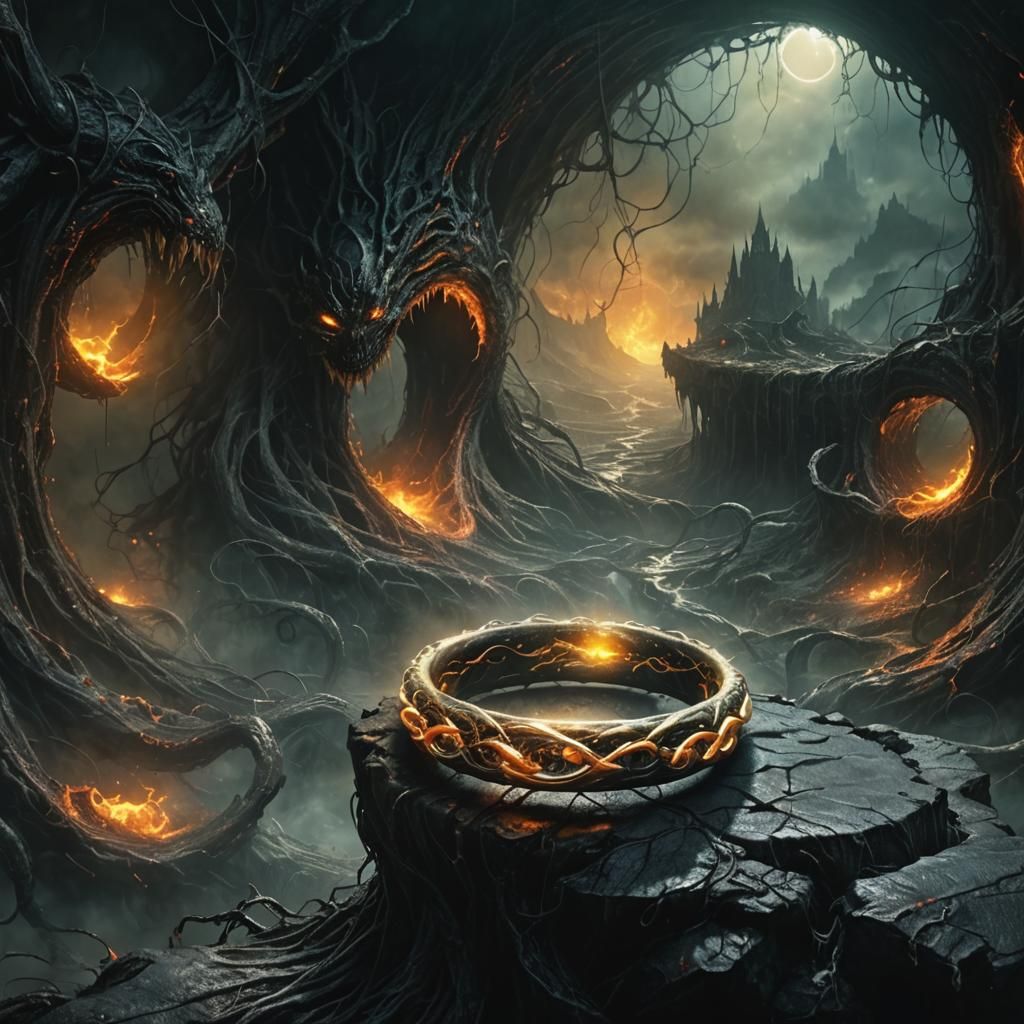 One Ring Merges with Venom Symbiote in Beksiński Style