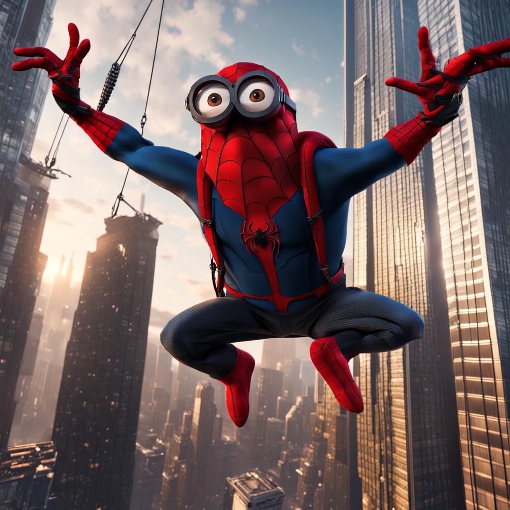 Minion Spiderman Swings Through City