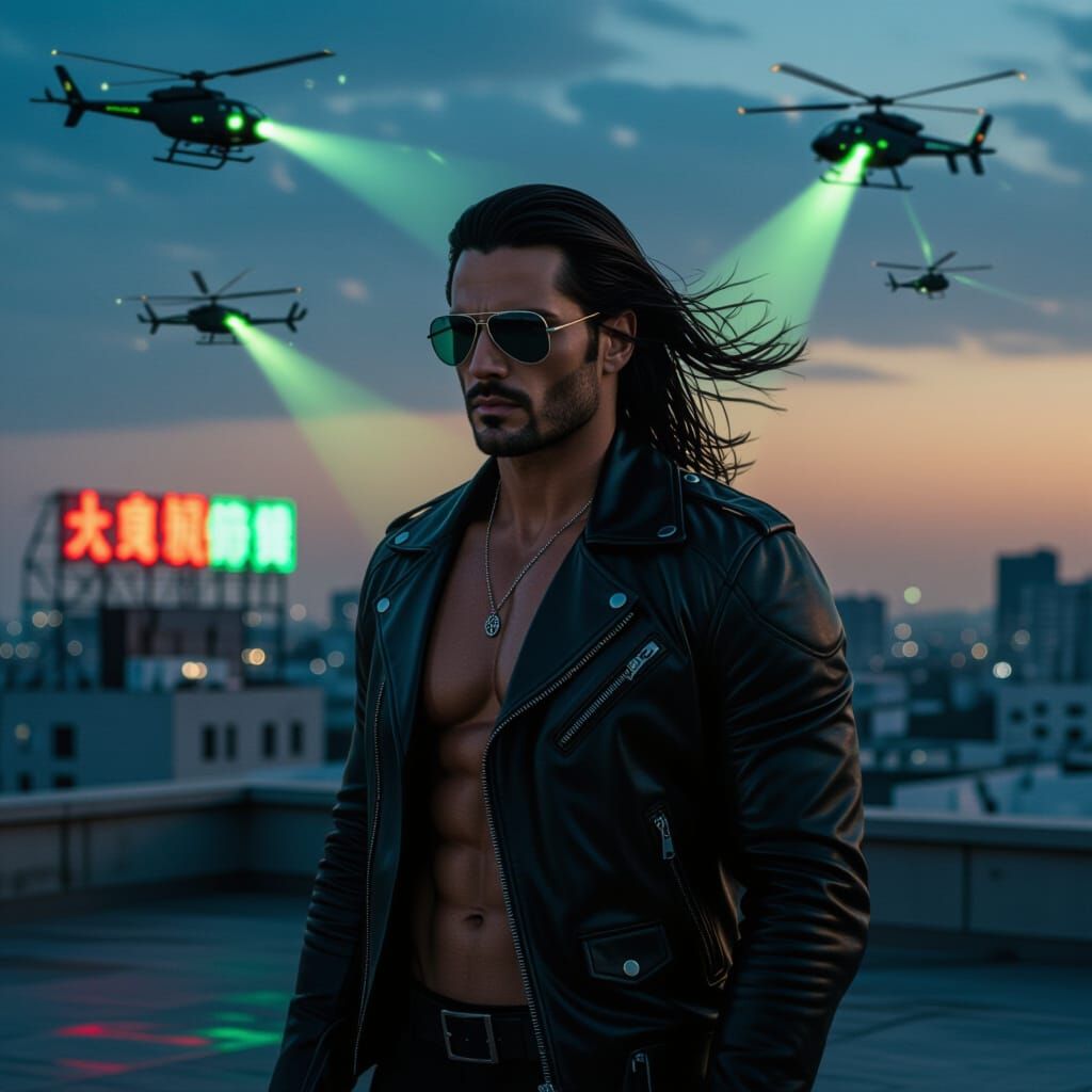 Dusk Rooftop Vigil: Man with Pistol and Drones